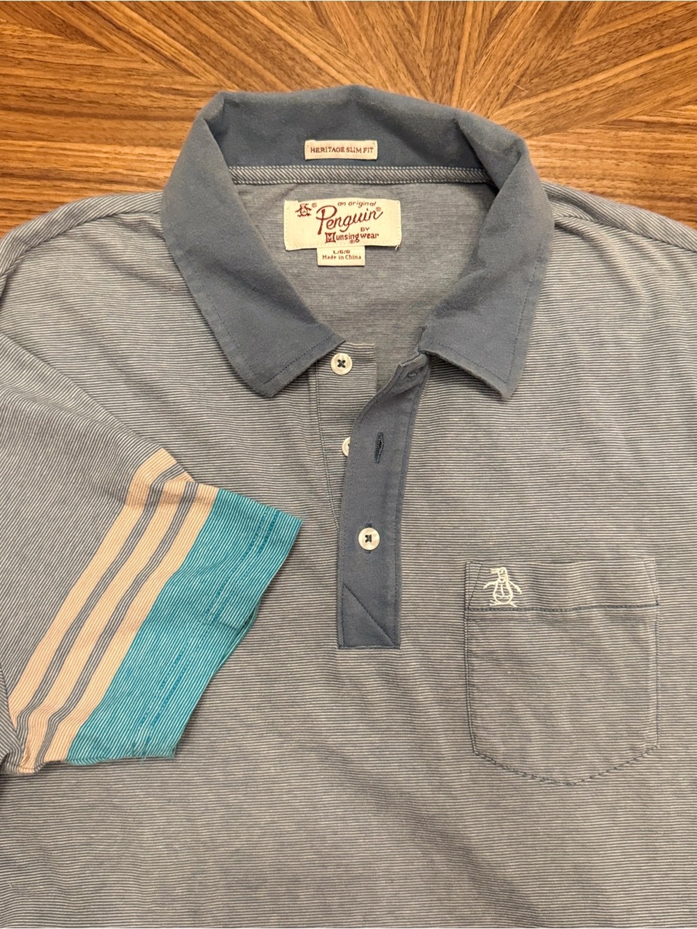 Original Penguin Men's Heathered Blue Polo with Contrast Pocket
